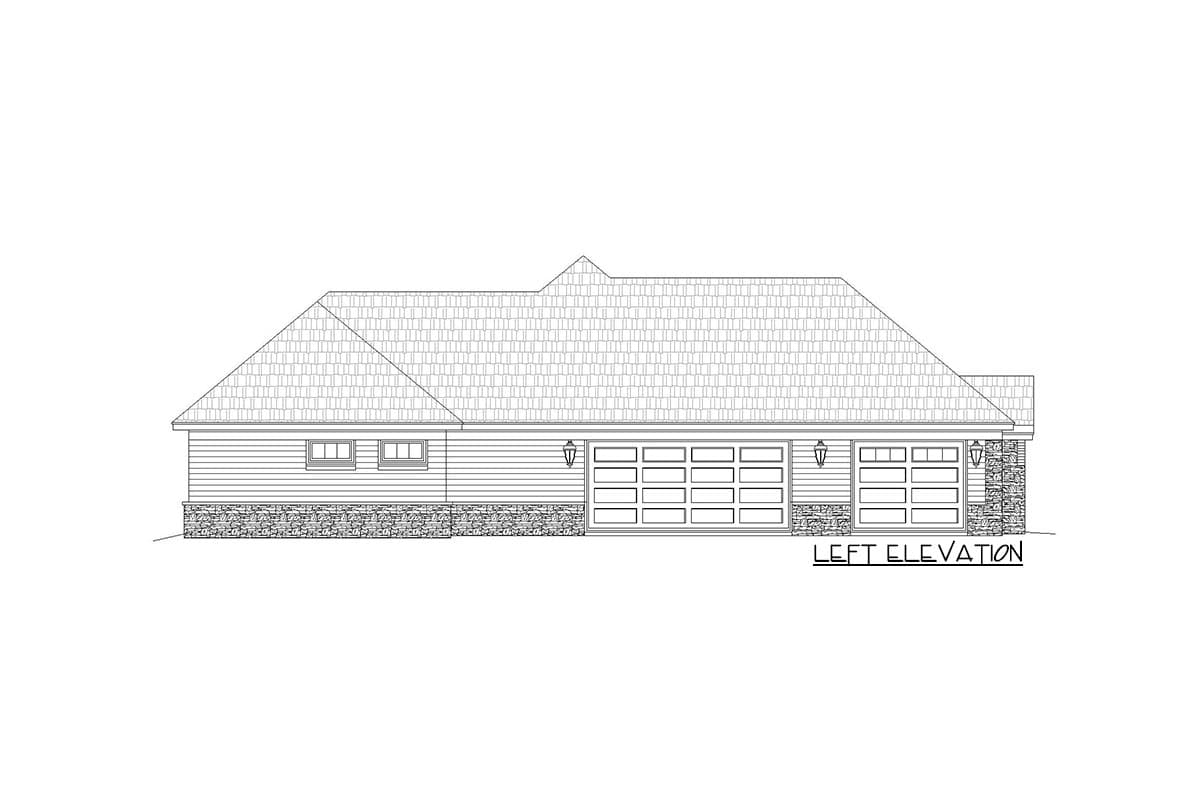 Left elevation house plan with stone base, horizontal siding, and three garage doors.