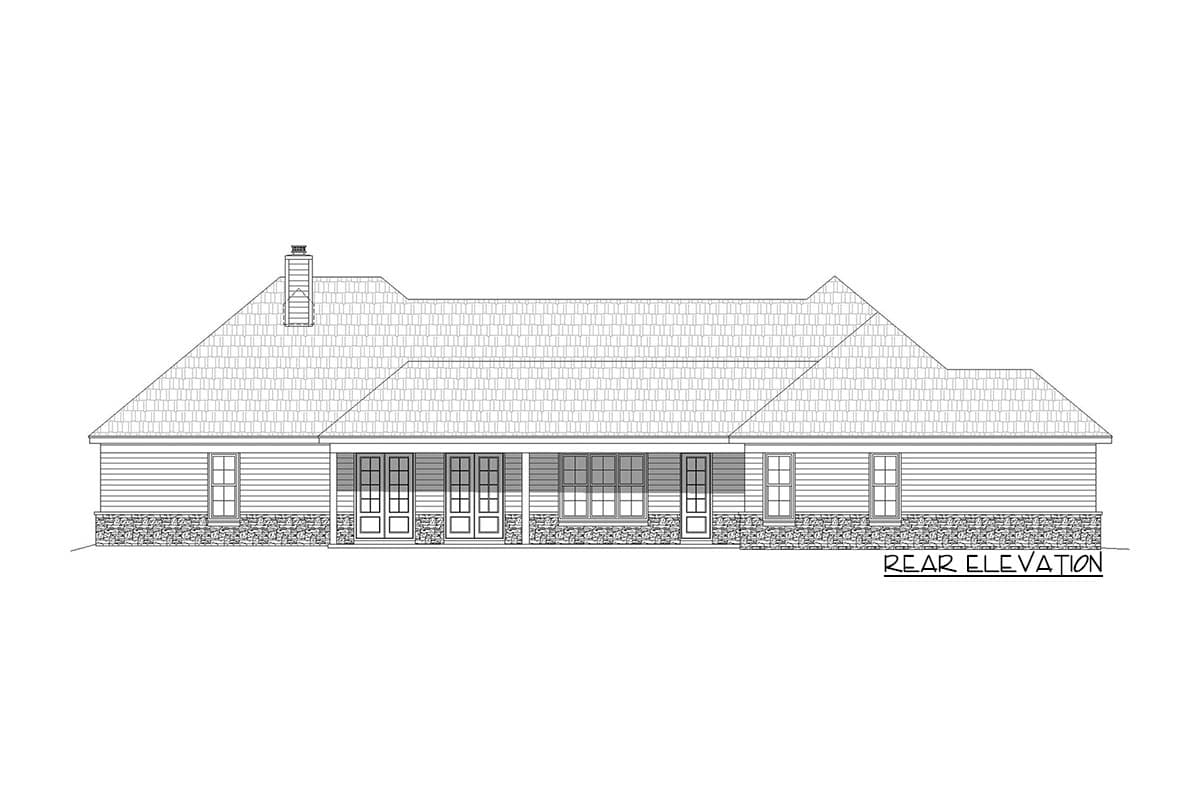 Rear elevation house plan: Single-story with stone foundation, covered porch, multiple French doors, and a chimney.
