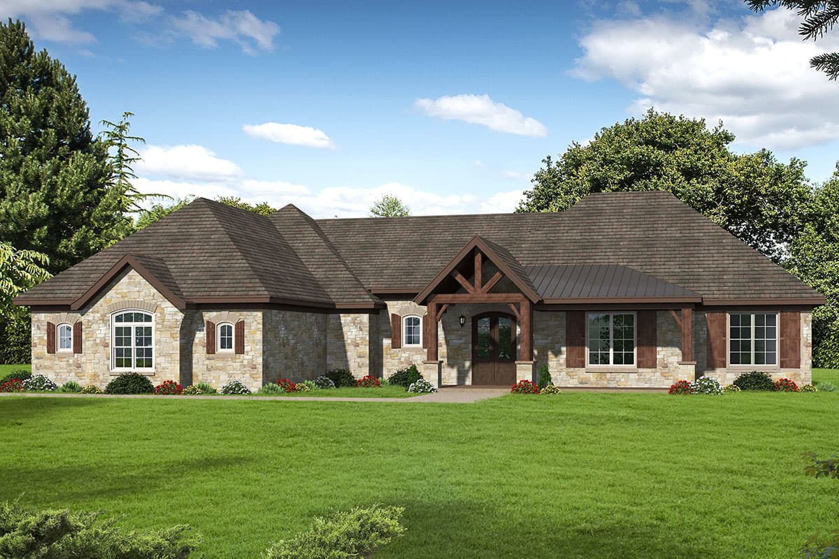 House plan exterior. Single-story design with stone veneer, gabled roof, and timber-framed entry porch. Includes multiple dormers and shutters.
