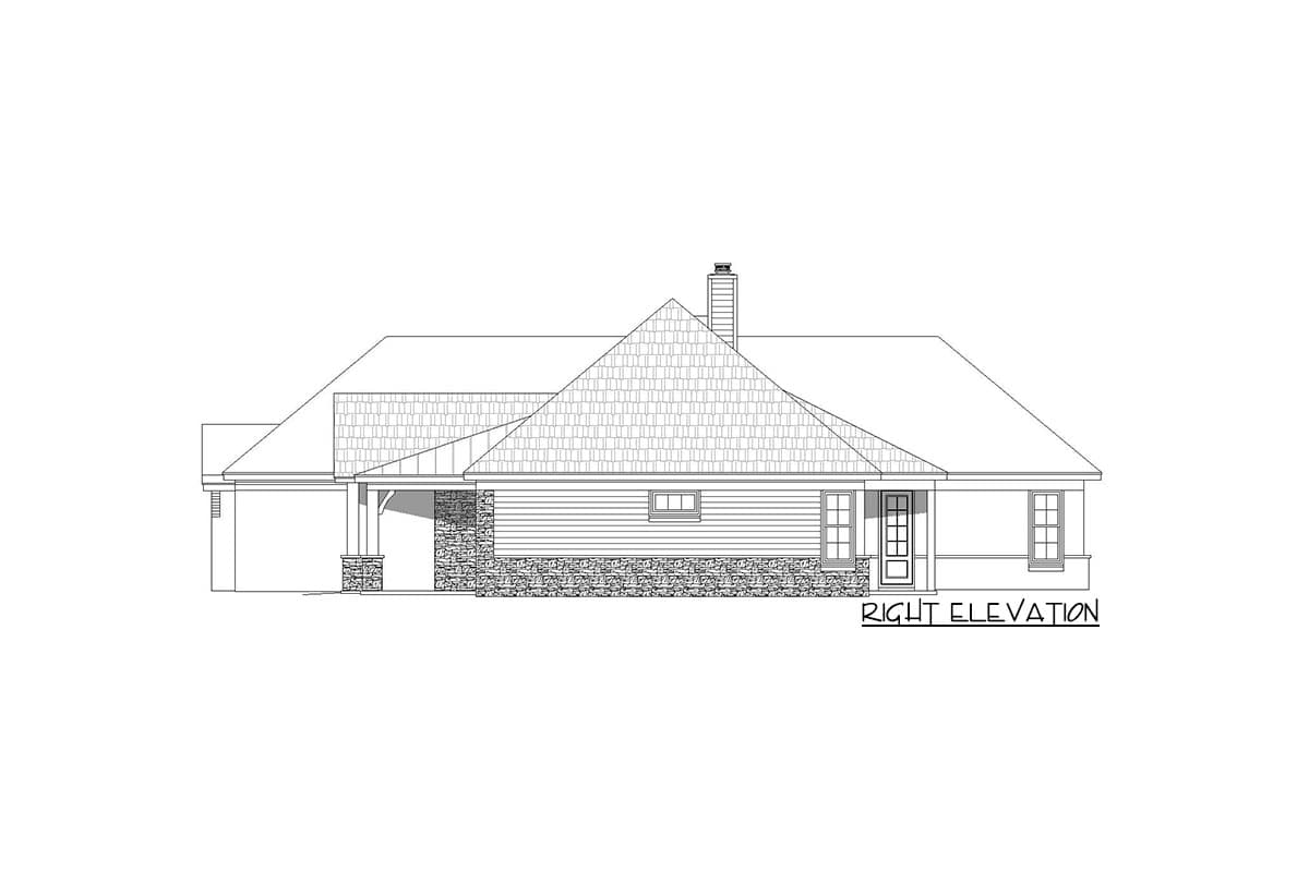 Right elevation house plan with stone and horizontal siding, covered porch with stone columns, gabled roof, and chimney.
