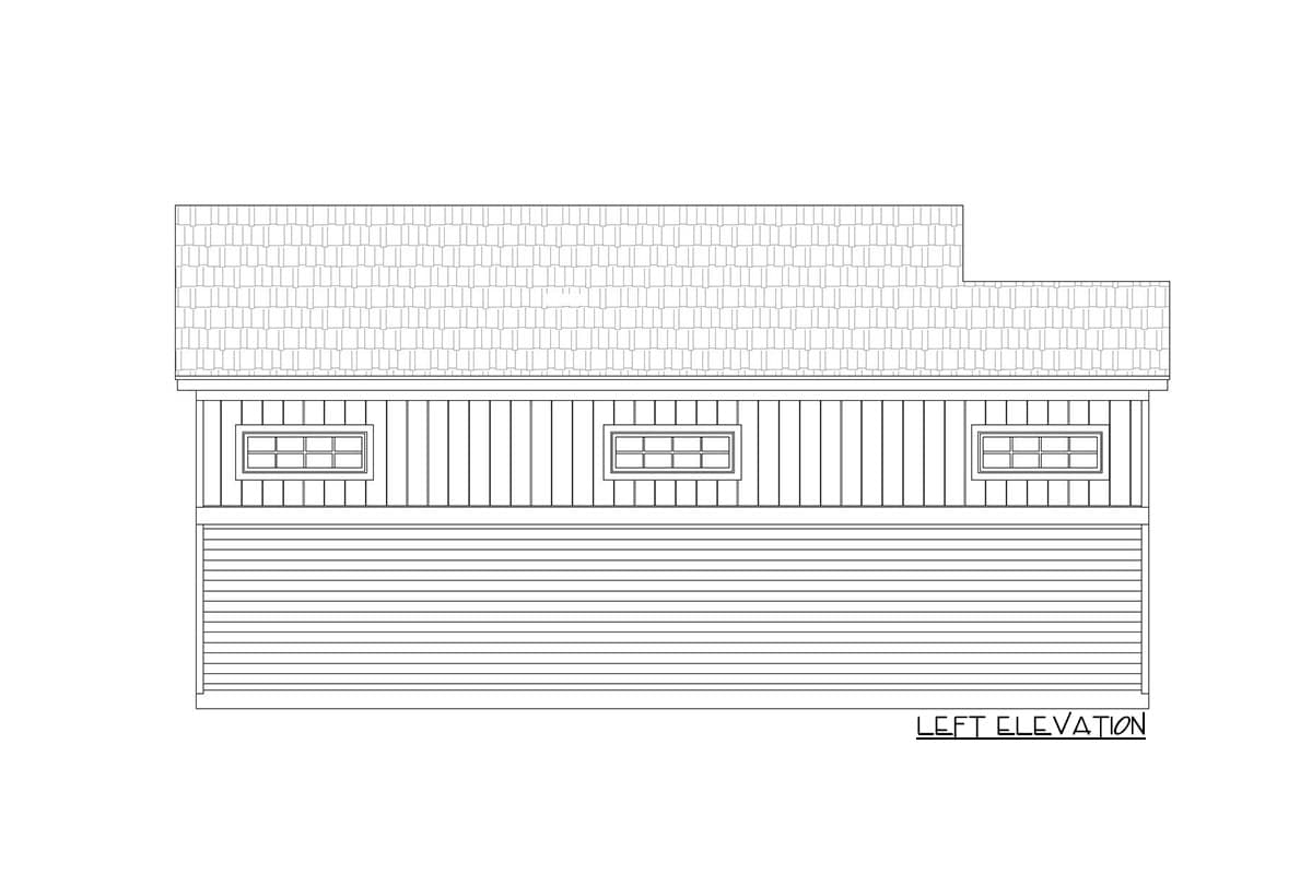 Left elevation house plan showing horizontal siding and three rectangular windows above a garage door opening with horizontal siding.