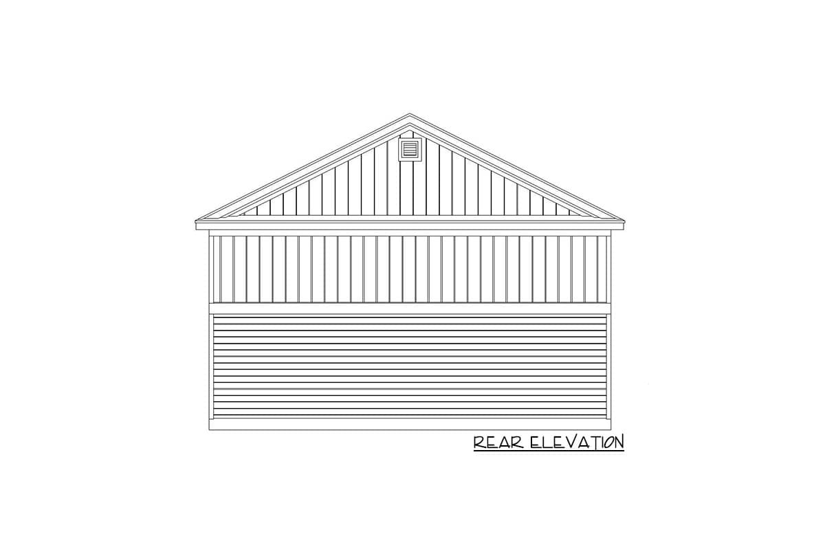Rear elevation drawing of house plan with gable roof, vertical siding, and horizontal siding.