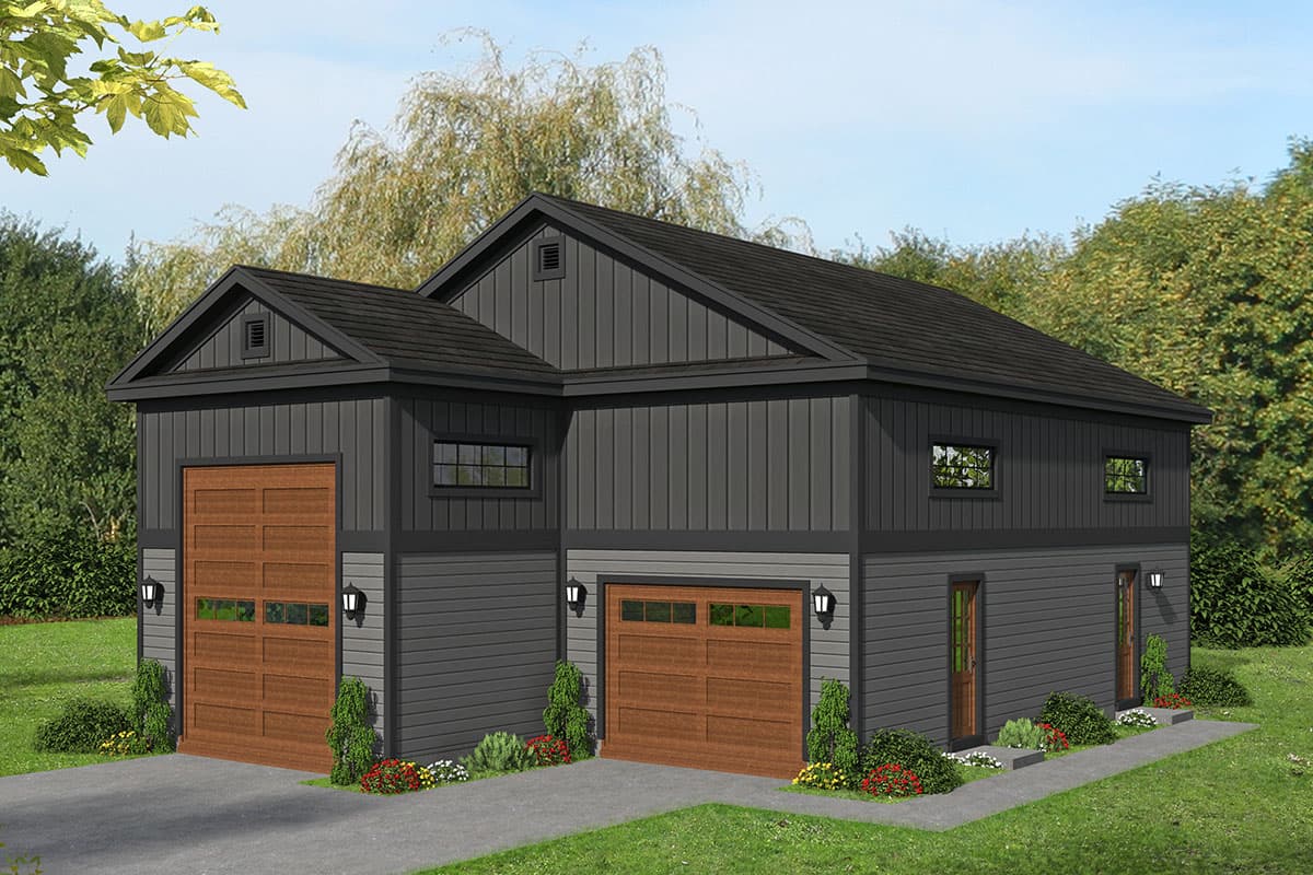 House plan exterior. Two-story garage structure. Features include gabled roof, two overhead garage doors, and vertical siding.