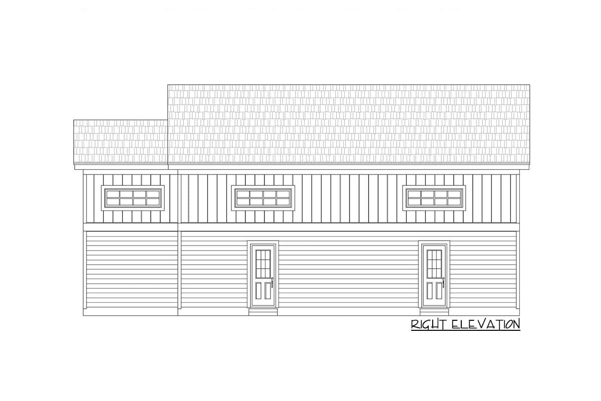 Right elevation house plan showing two doors, horizontal siding, and three upper windows.