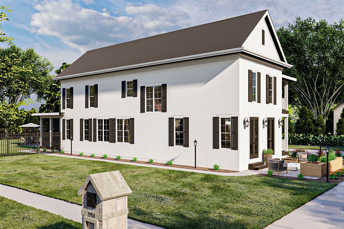 House plan exterior: two-story modern home with dark shutters, dormer, and metal roof.