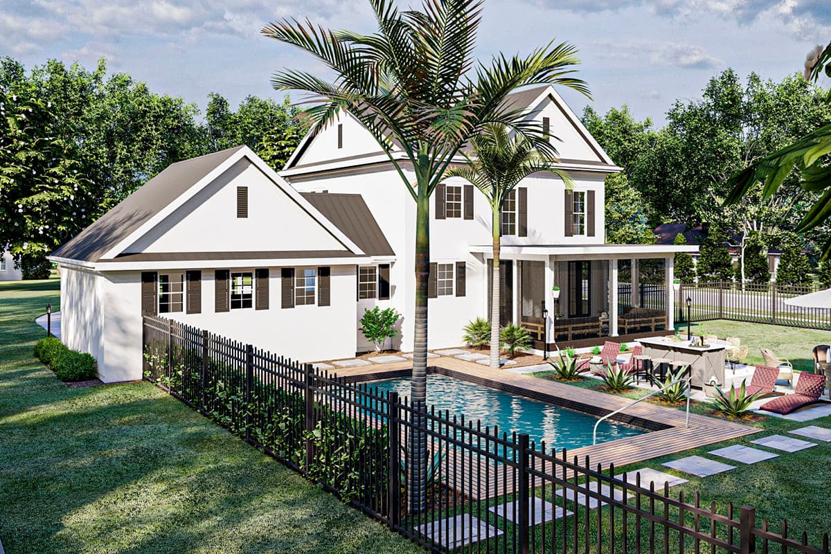 House plan exterior, two-story home with gabled roof, covered porch, and attached garage.