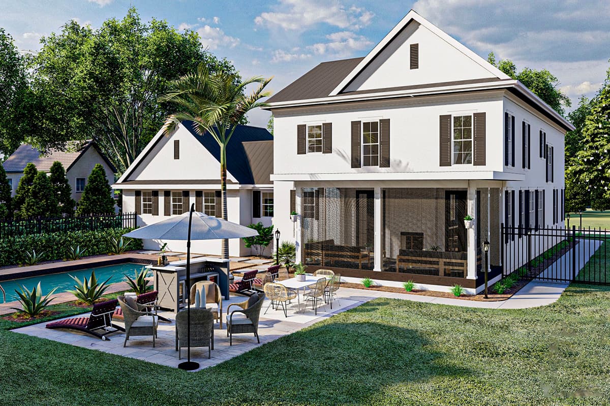 House plan exterior view of a two-story Modern Farmhouse with a screened-in porch, multiple gables, and dark shutters.