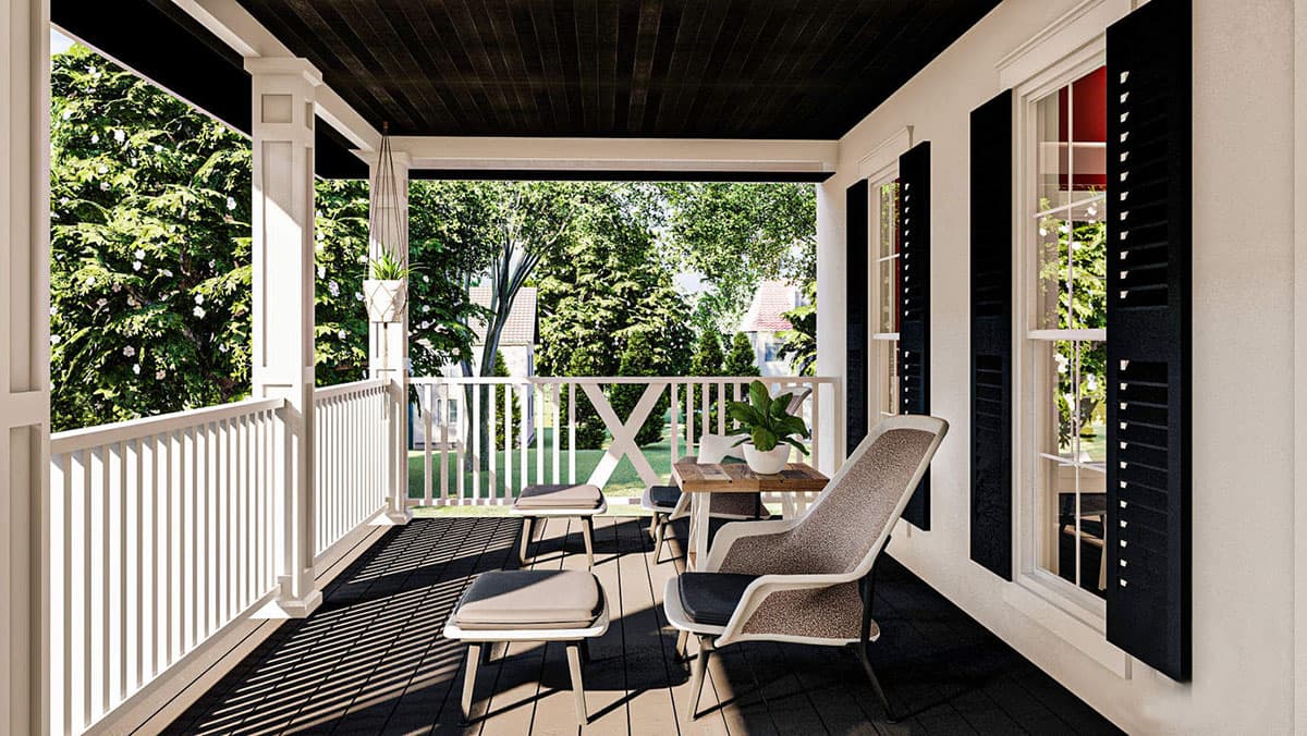 Front porch exterior of a house plan with white railings, black shutters, and dark wood plank ceiling.