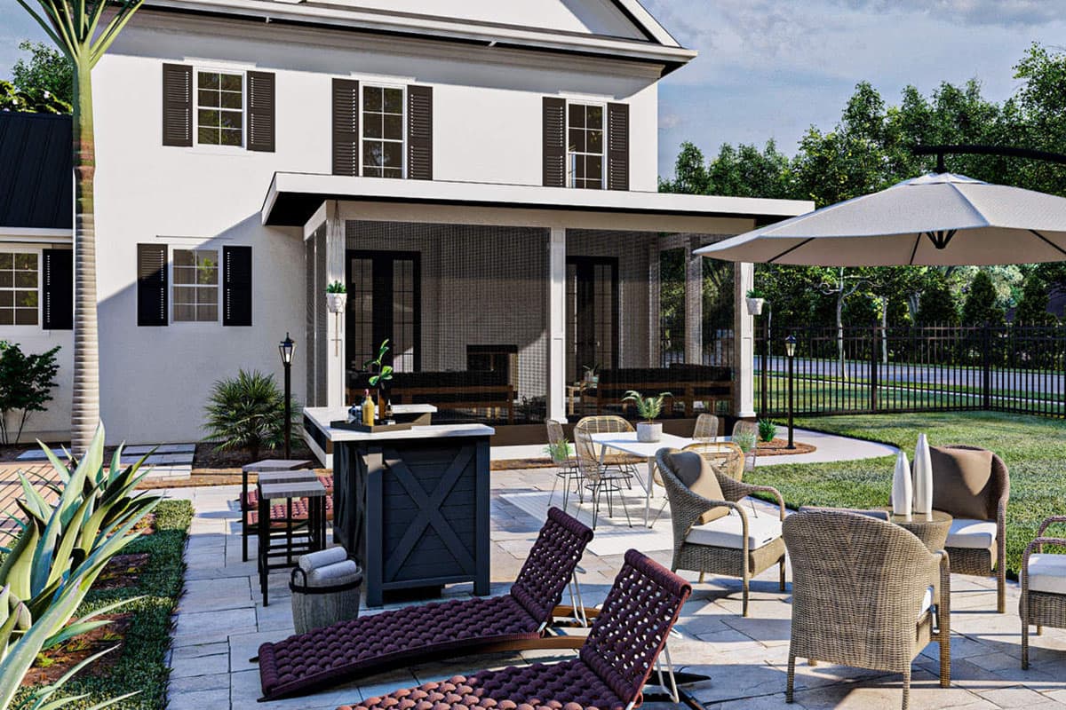 House plan exterior with screened porch, bar, patio furniture, and lounge chairs.