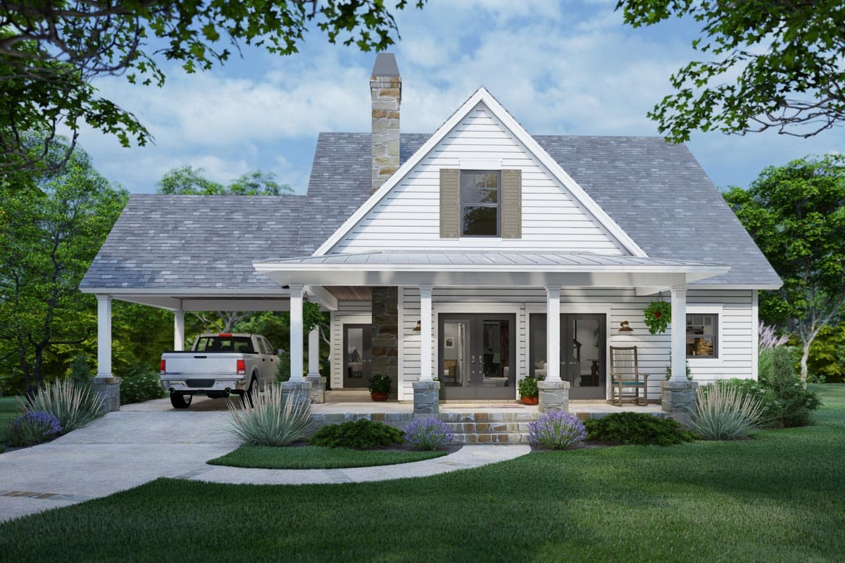 House plan exterior. Craftsman style, one story. Features a gabled roof, a front porch with columns, and a carport.