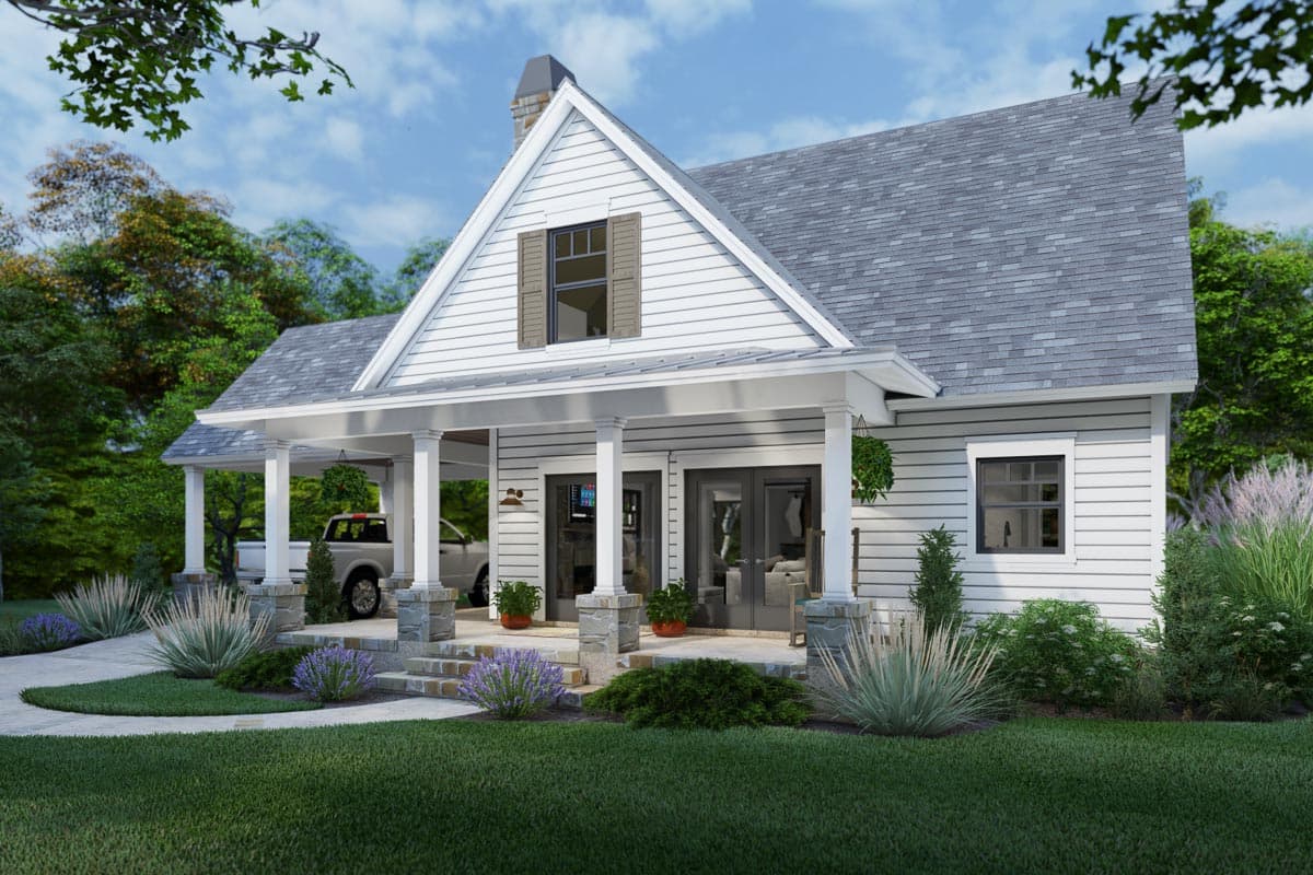 House plan exterior: White two-story Modern Farmhouse with covered porch, gables, stone accents, and attached carport.