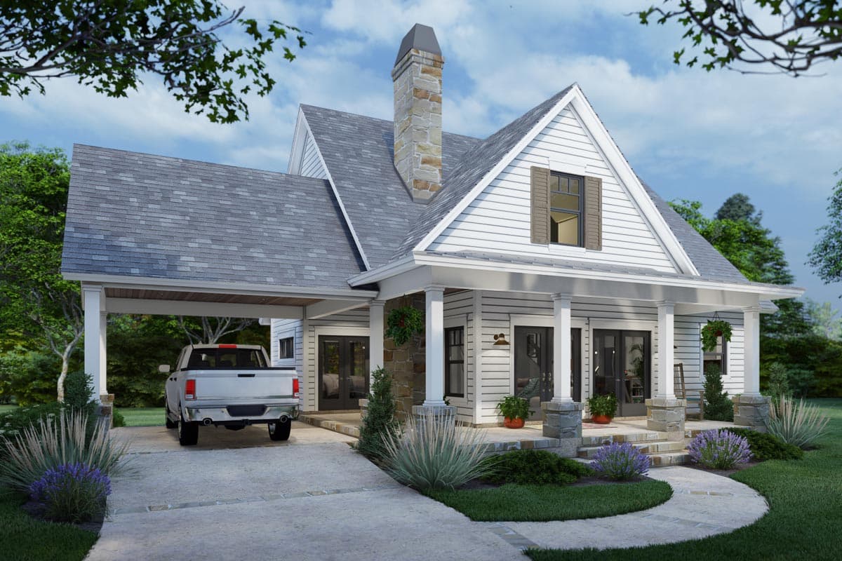 House plan exterior: Modern Farmhouse style, two stories, featuring a covered porch, stone chimney, and attached carport with a truck.