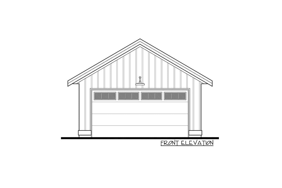Front elevation drawing of a one-story garage with a gable roof, vertical siding, and a single garage door with a transom window.