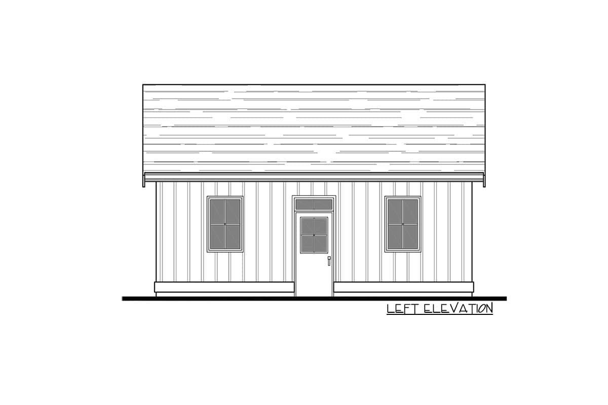Floor plan elevation drawing of a house exterior showing the left side with a door and two windows.