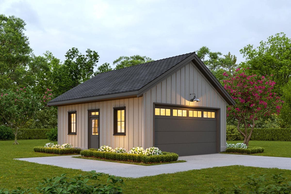 House plan exterior. One-story building with a gable roof, garage door, and vertical siding. Features a single door and windows with dark trim.
