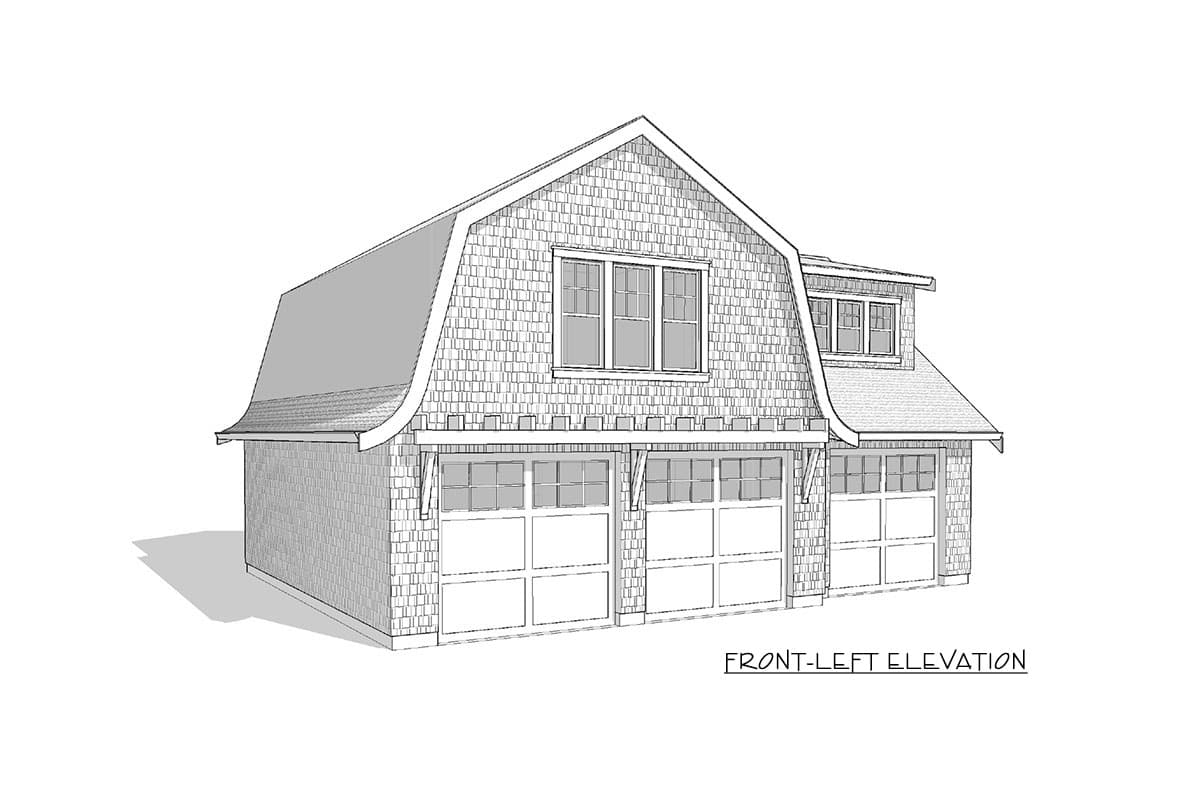 Front-left elevation of a house plan showing a gambrel roof, dormer, and three garage doors with shingle siding.
