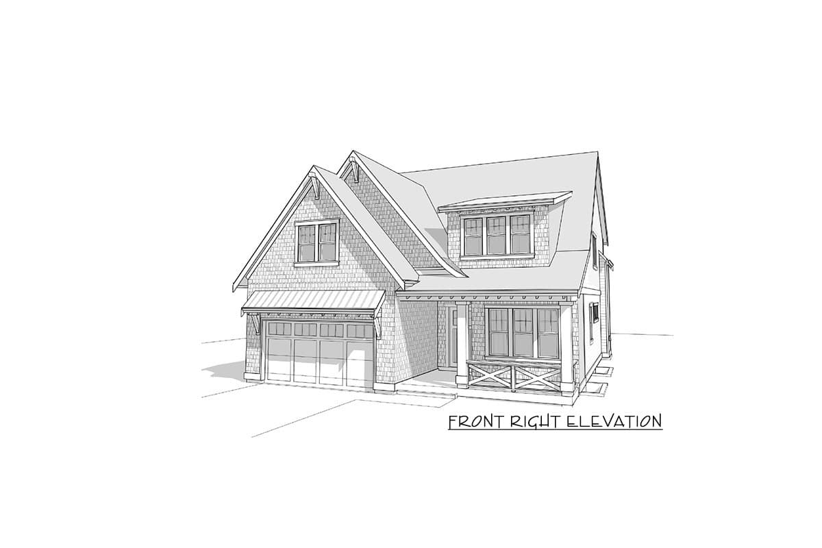 Front right elevation drawing of a two-story house plan with a gabled roof, dormer, porch, and attached garage.