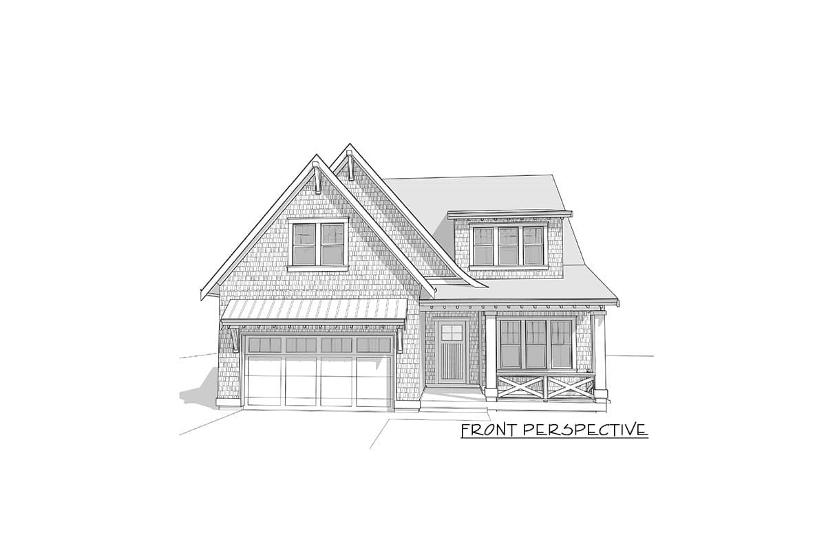 Front perspective house plan exterior with gabled dormers, covered porch with X-bracing, and attached garage.