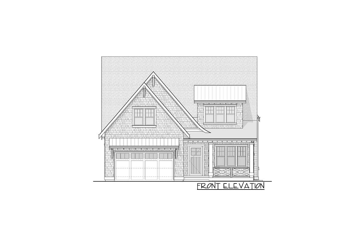 Front elevation house plan with a two-story structure, attached garage, front porch, and multiple gables.