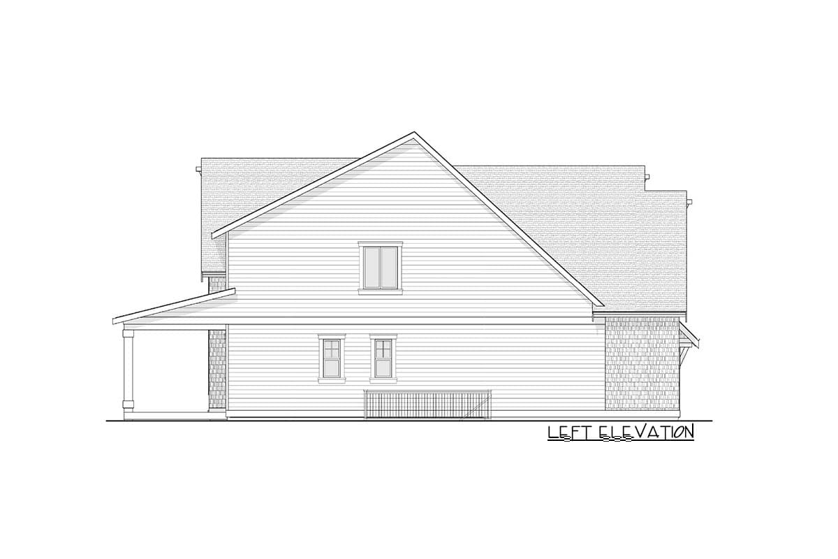 Left elevation of a two-story house plan with a covered porch, gable roof, and horizontal siding.
