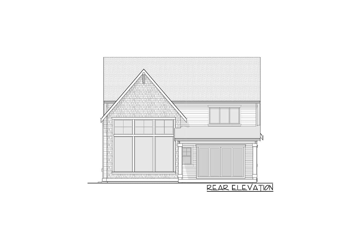 Rear elevation of a two-story house plan, featuring a large gable with shingle siding, expansive windows, and sliding glass doors.