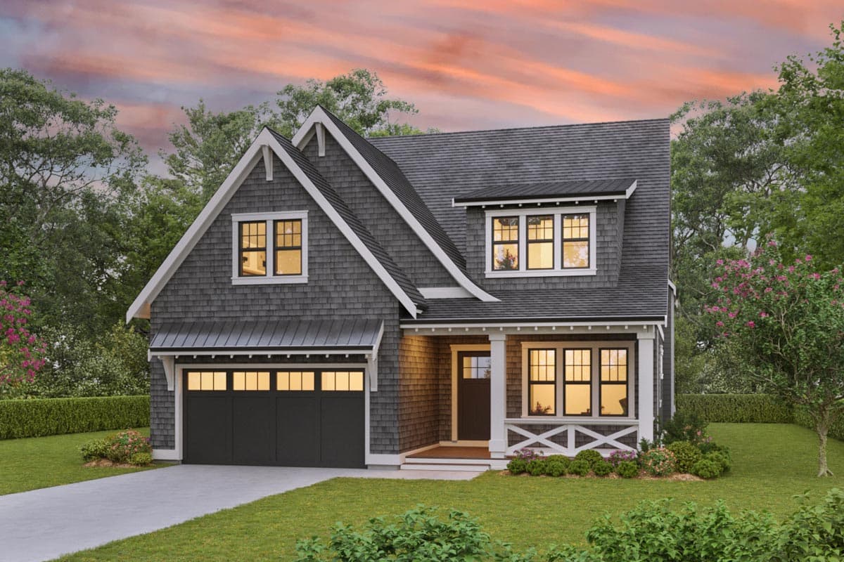 House plan exterior. Two-story Craftsman style home with gabled roof, dormers, and a front-facing garage with carriage-style doors.