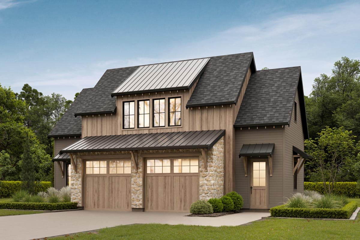 Modern Farmhouse house plan exterior with two stories, board and batten siding, stone accents, metal roof accents, and gables.