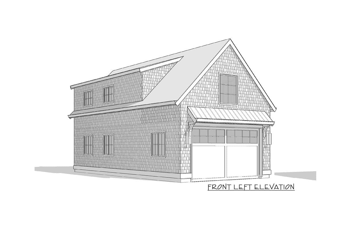Front left elevation drawing of a two-story house plan with dormer, multiple windows, and a two-car garage.