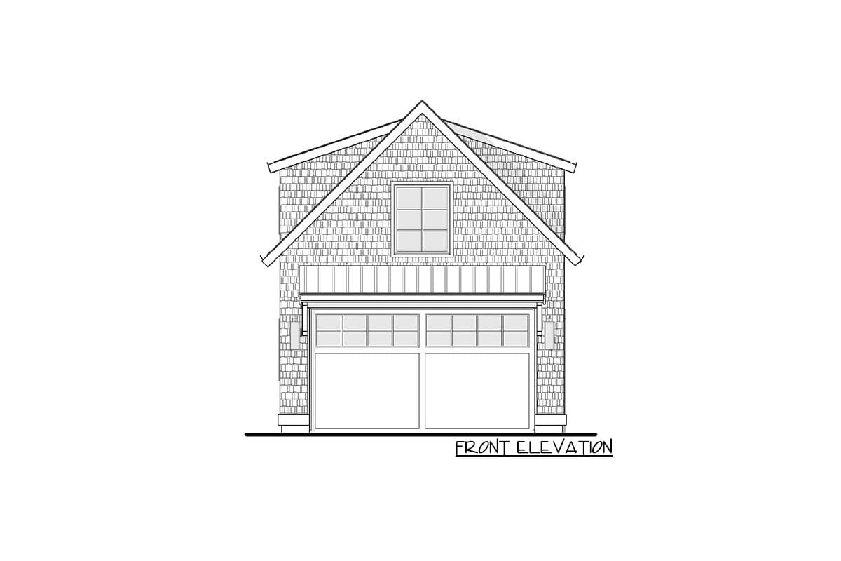Front elevation of a garage with two overhead doors, a central shed dormer, and shingle siding.