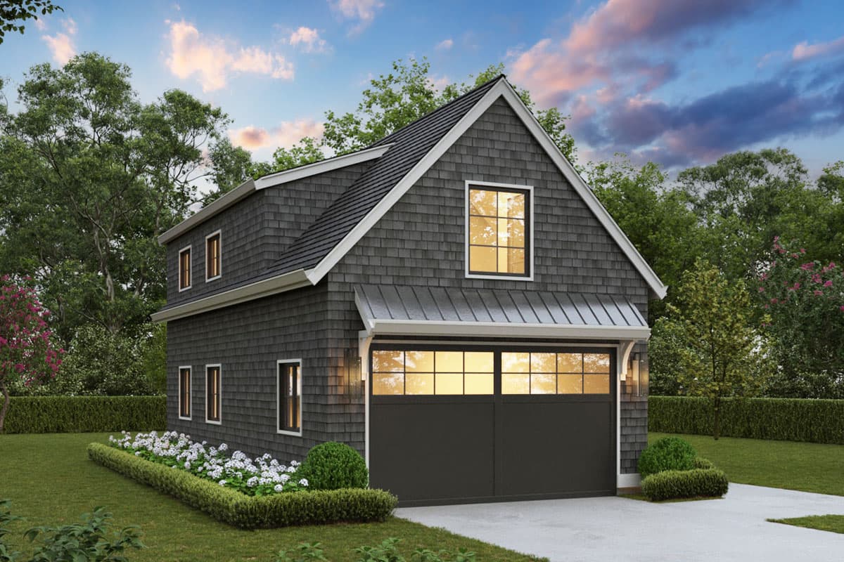 House plan exterior with two stories, shingle siding, a gable roof, and a two-car garage. Features include dormers and a metal awning.