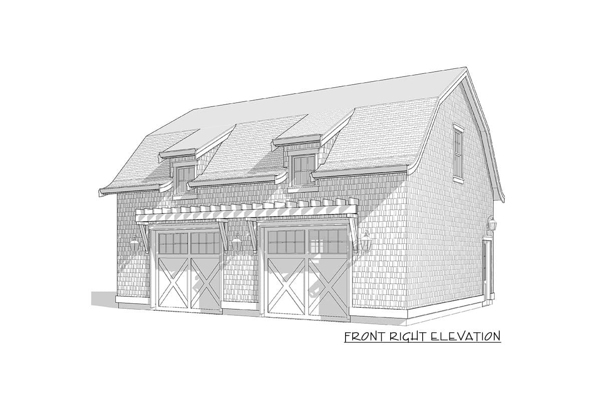 Front right elevation drawing of a two-story garage with two bays, dormers, and a gambrel roof.