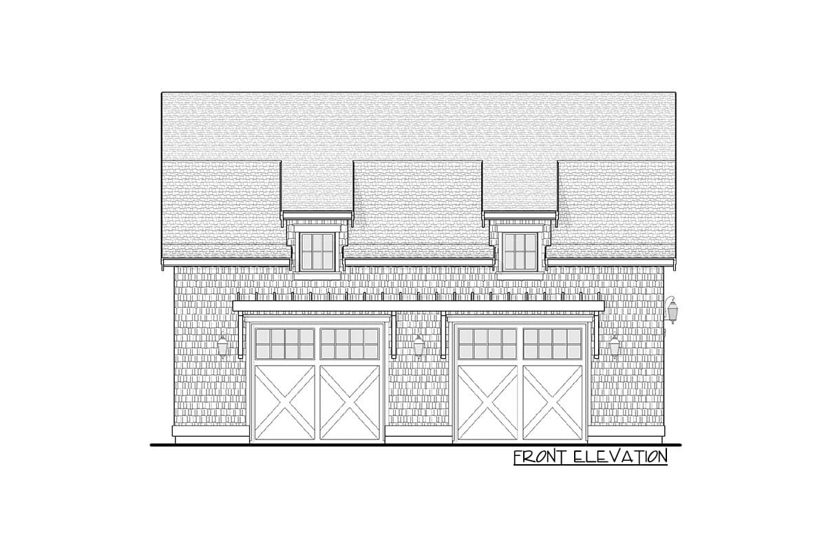 Front elevation drawing of a two-car garage with two garage doors, two dormers, and shingle siding.