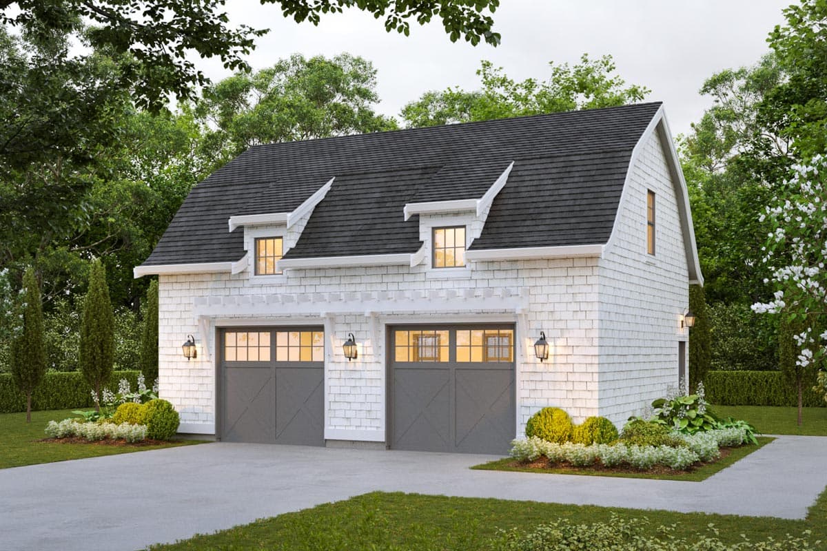House plan exterior. Two-story structure in a shingle-style with gable roof. Features include two dormers, a pergola, and two garage bays.