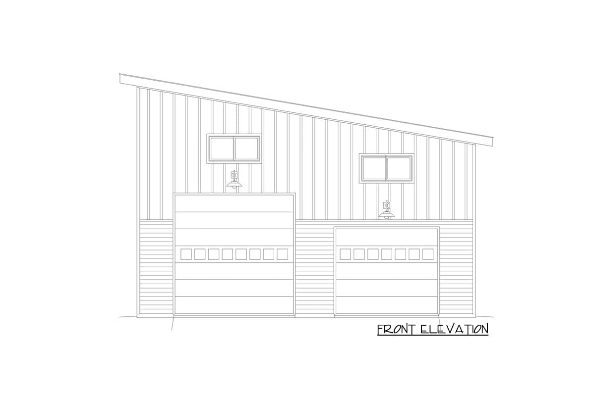 Front elevation drawing of a garage with two separate doors and a shed roofline.
