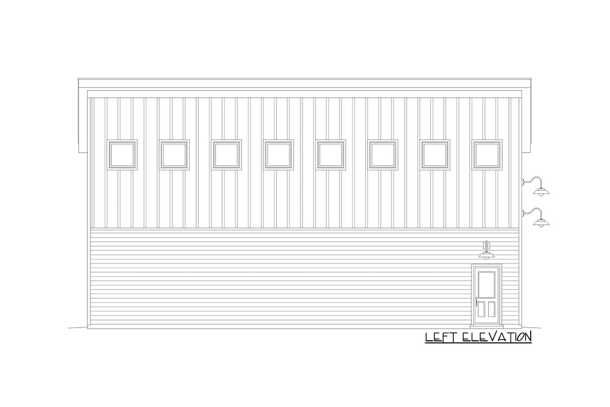 Left elevation drawing of a house plan with vertical siding, a row of square windows, and a single door with two wall-mounted exterior lights.