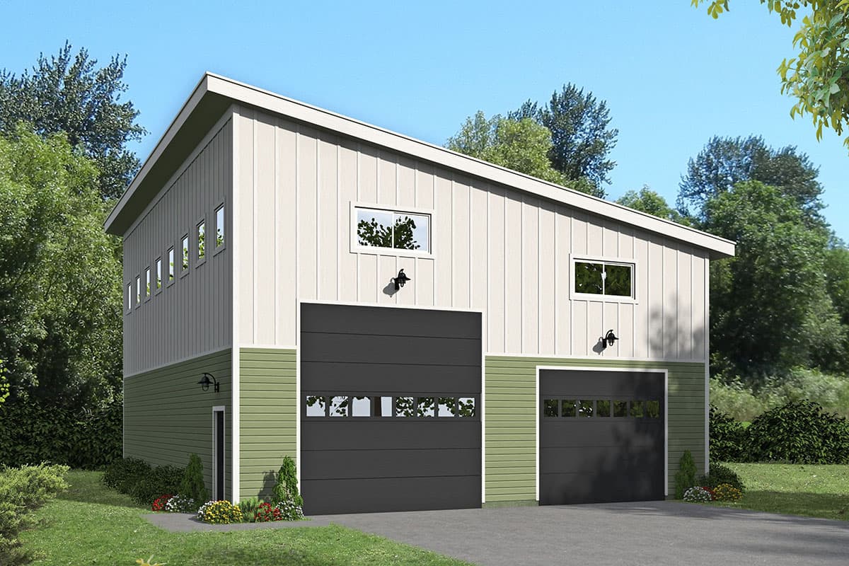 House plan exterior. Two-story structure with two garage doors. Features include a sloped roof, vertical siding, and multiple windows.