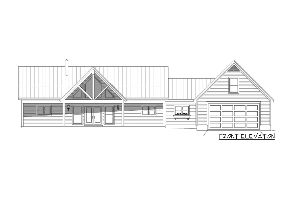Front elevation house plan with a gable roof, large central windows, covered porch, and attached two-car garage.
