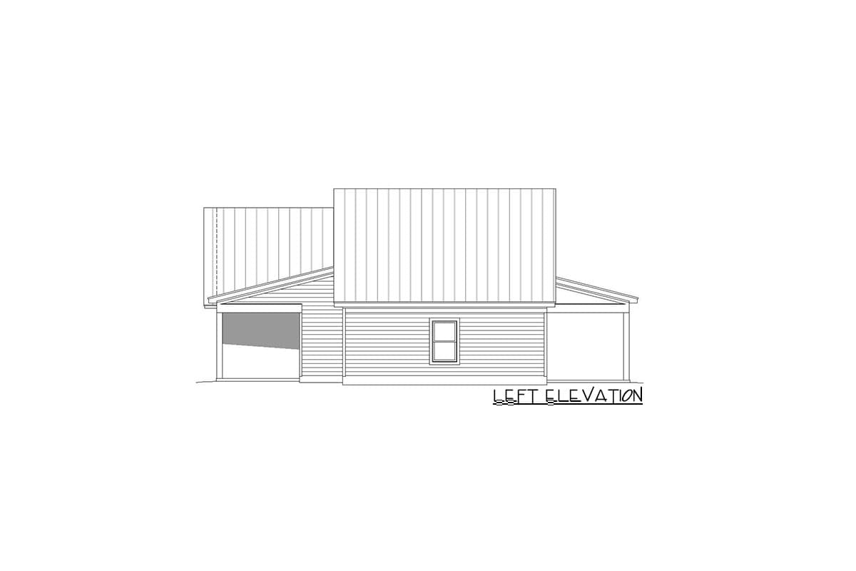 Left elevation drawing of a house plan with a gabled roof, horizontal siding, and two covered carports.