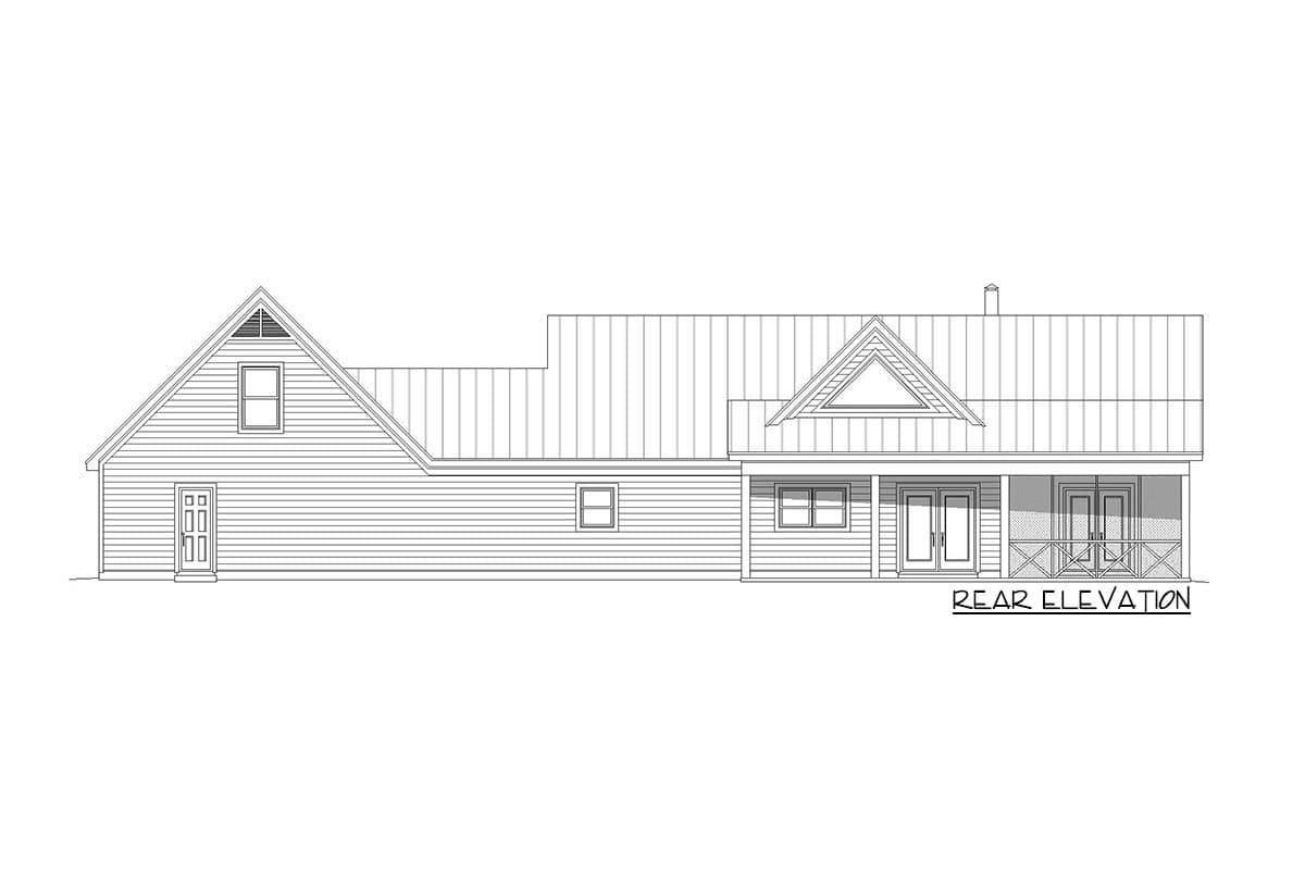 Rear elevation of a house plan featuring a prominent gable with a dormer, a covered porch with double doors, and multiple windows.