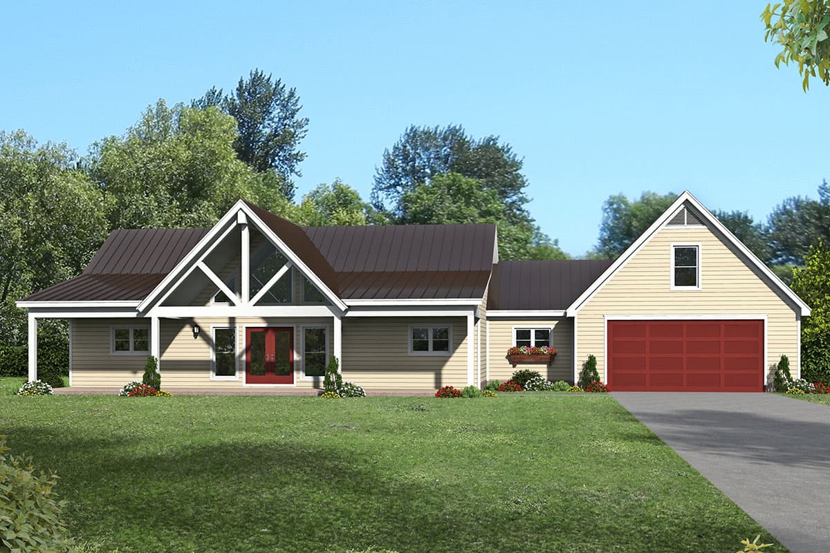 House plan exterior with two rooflines, an open gable over the entry, and attached garage. Includes a porch with white columns.