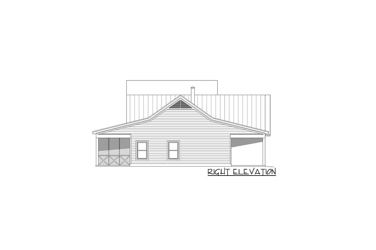 Right elevation house plan: screened porch with decorative X-bracing, gabled roof, and single-story garage.