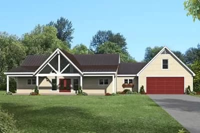 2-Bed Mountain Ranch Home Plan with Bonus Expansion Over the Garage