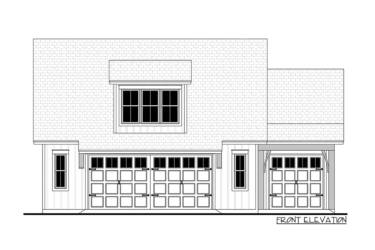Front elevation house plan: Three-car garage with three garage doors, large upper window, and shingled roof.