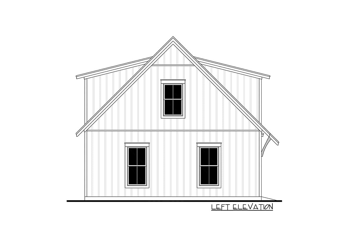 Left elevation drawing of a two-story house plan with vertical siding, a gable roof, and three windows.