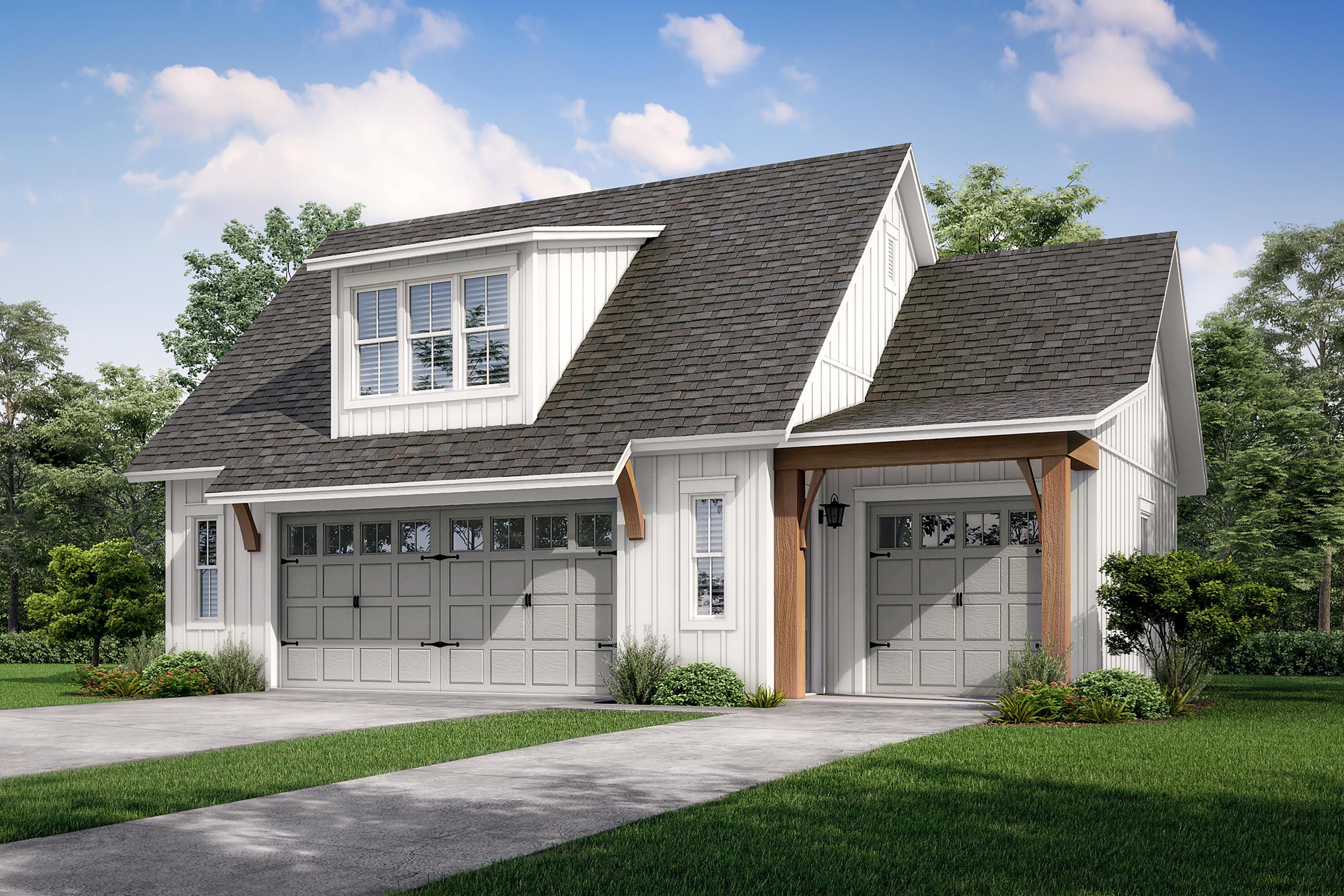 House plan exterior with board and batten siding, gabled roof, and two-car garage with dormer detail.