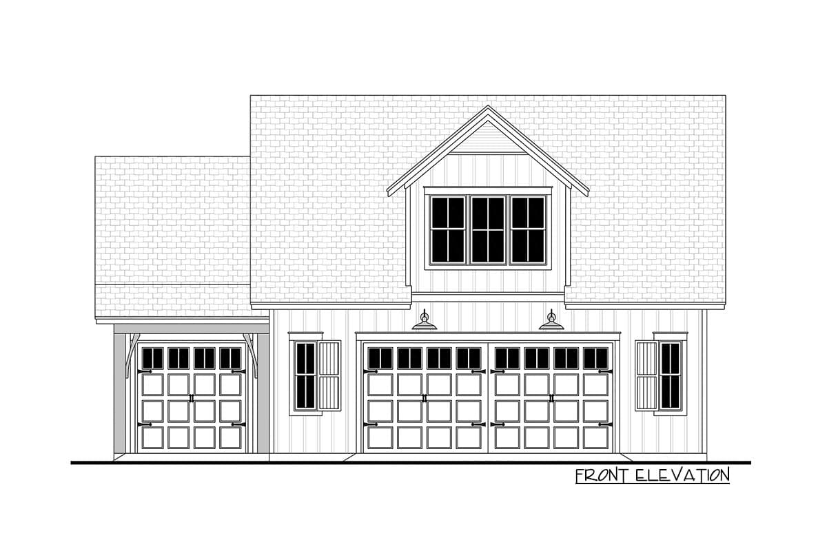 Front elevation drawing of a house plan with a gable dormer, three garage doors, and a covered single garage.