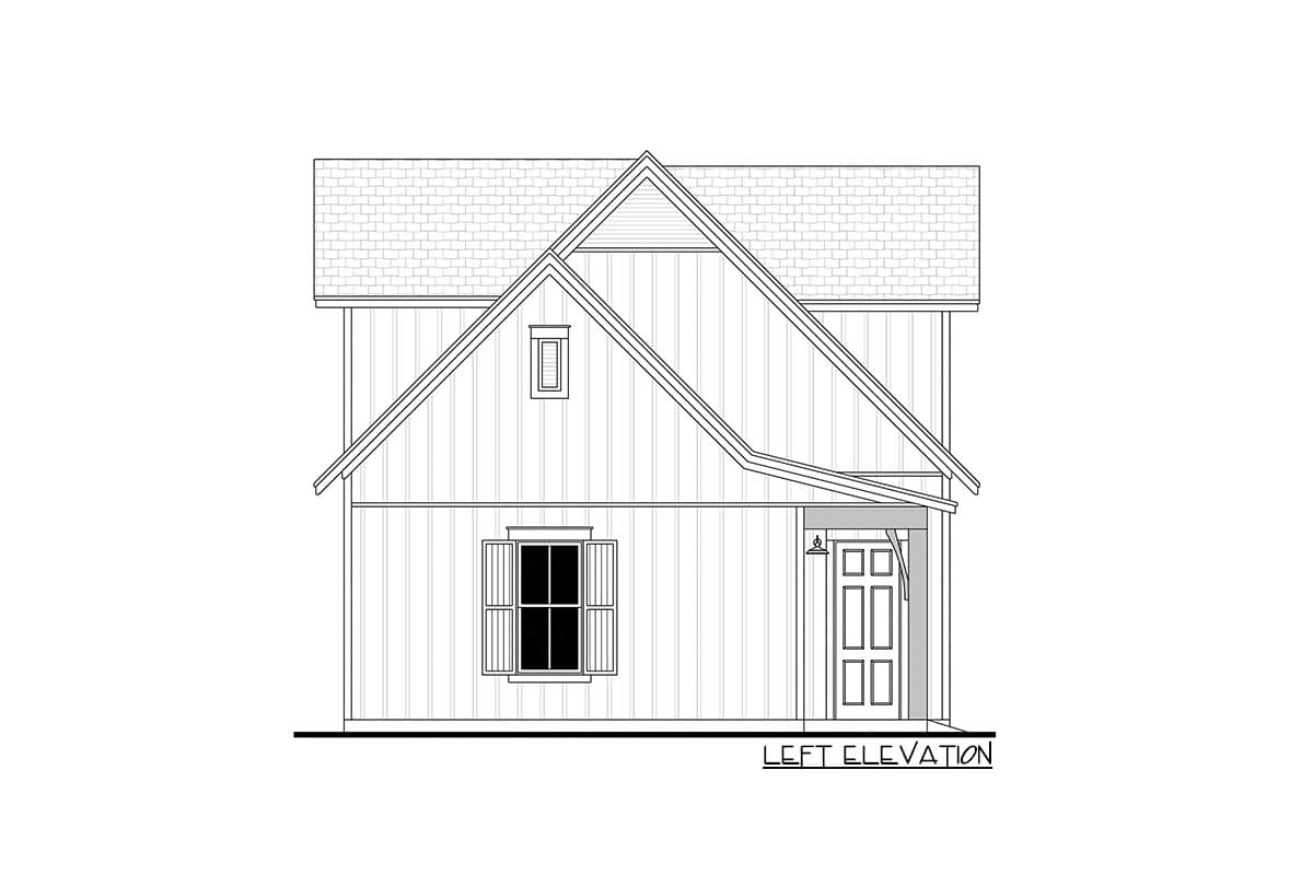 Left elevation house plan with board and batten siding, gabled roof, dormer window, and covered entry with double doors.