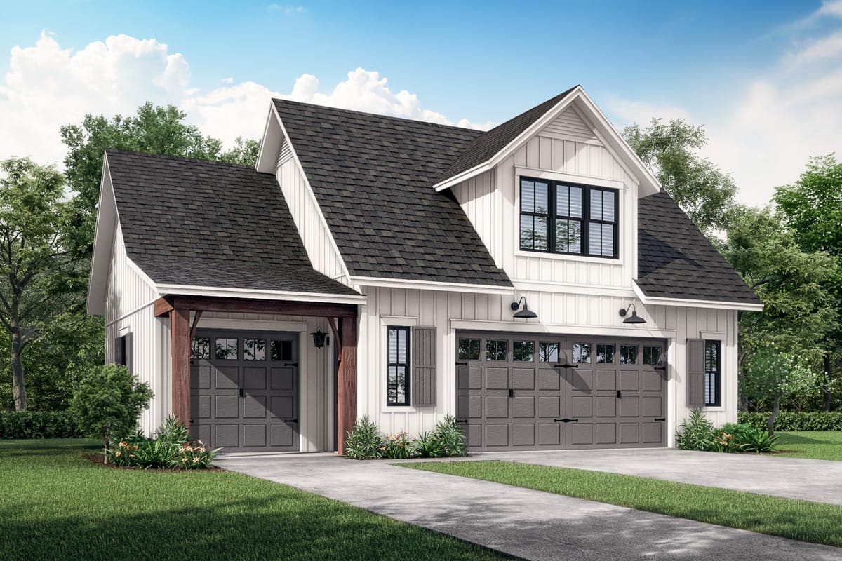 Modern farmhouse house plan exterior. Features include a two-car garage, front-facing gable, and dormer. Features a covered porch and vertical siding.