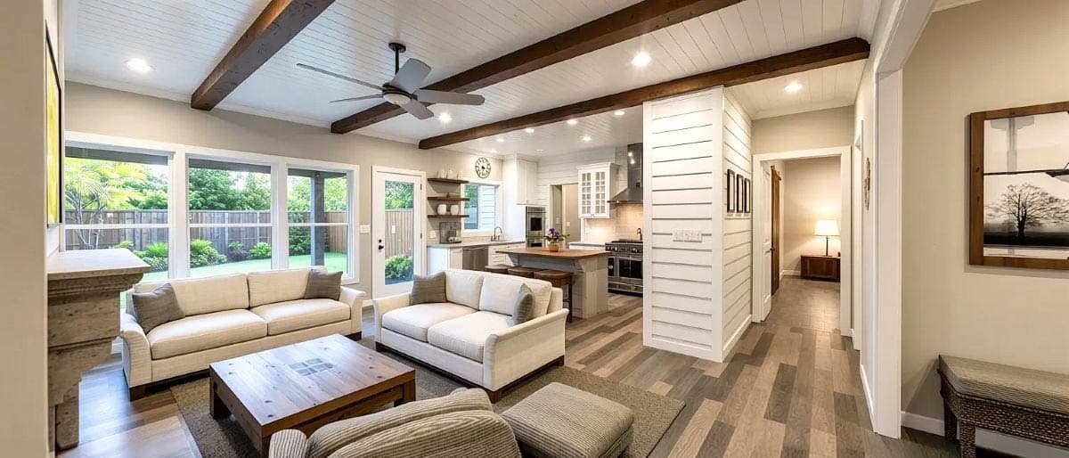 Open-concept living area with beamed ceiling, fireplace, kitchen island, and large windows.