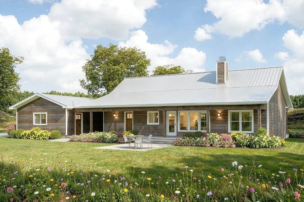Ranch house plan exterior with metal roof, wood siding, porch, chimney, and large windows.